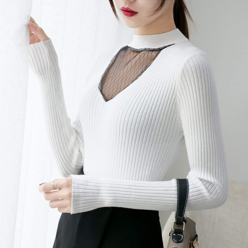Suéter de punto de algodón para mujer, jersey de cuello alto, manga larga, suave y cálido, otoño e invierno, 2019