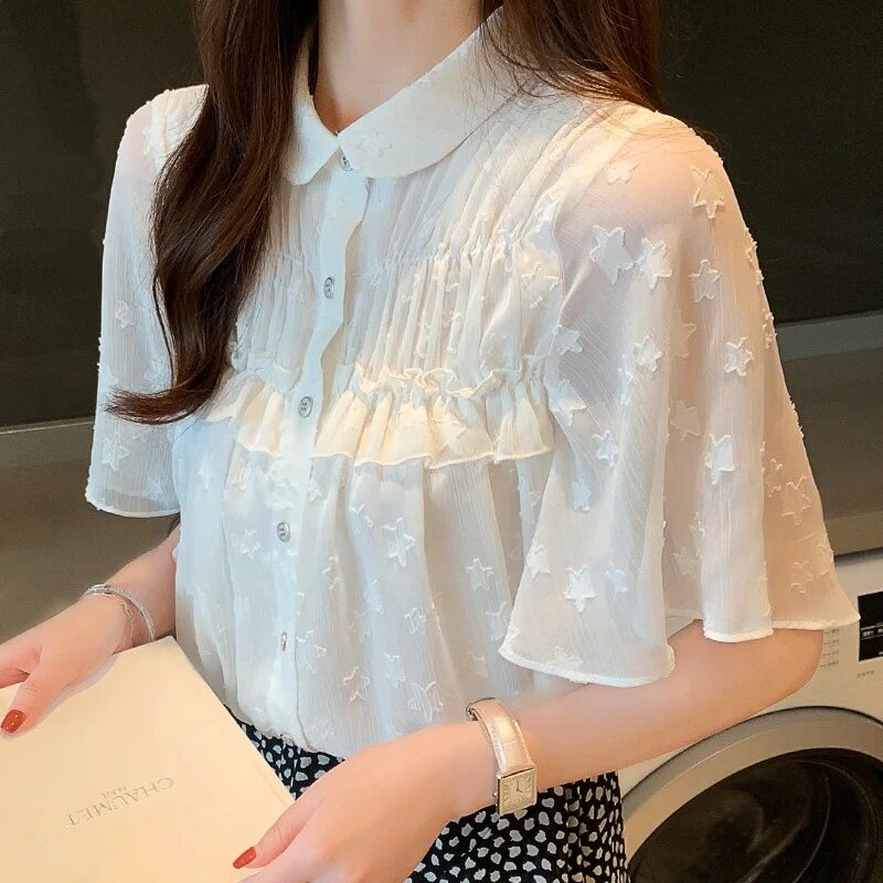Camisa feminina estilo retrô, camisa de chiffon exótica, manga curta com gola para bebês, uso feminino, 2021