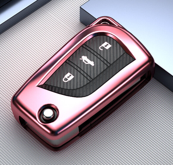 Para toyota rav4 hilux revo innova fortuner tpu grão de fibra carbono remoto dobrável filp chave do carro titular capa completa caso escudo rosa