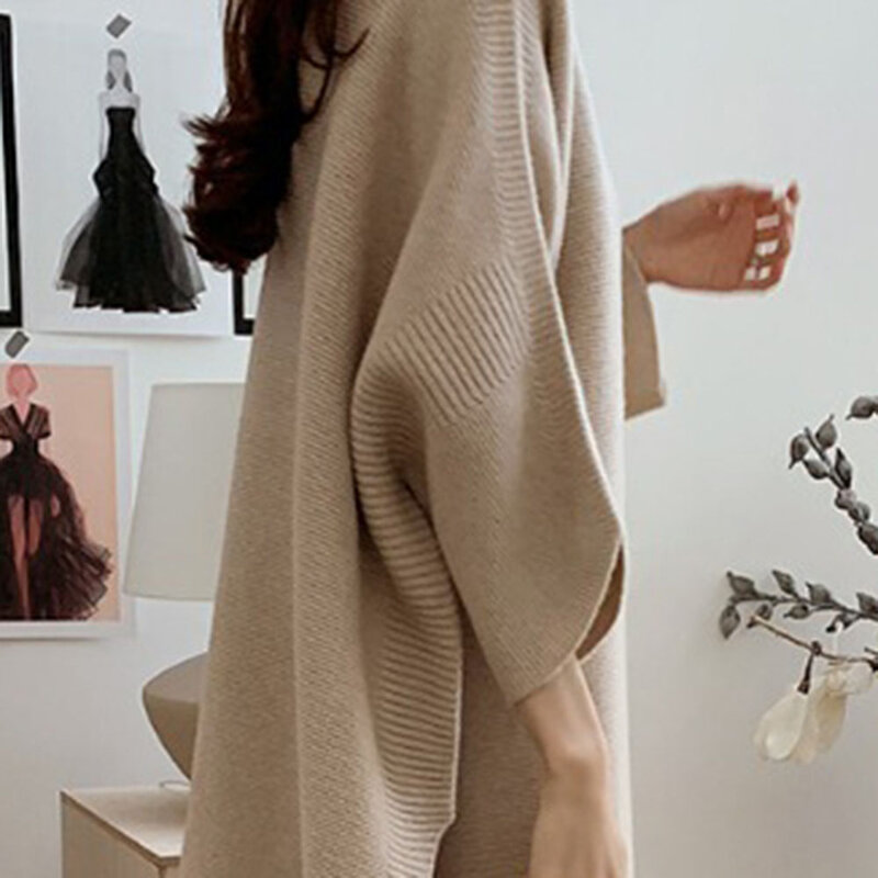 Пуловер с высоким воротником в Корейском стиле, Осень-зима 2021, тонкий женский свитер, свободные вязаные топы с разрезом, простой Повседневны...