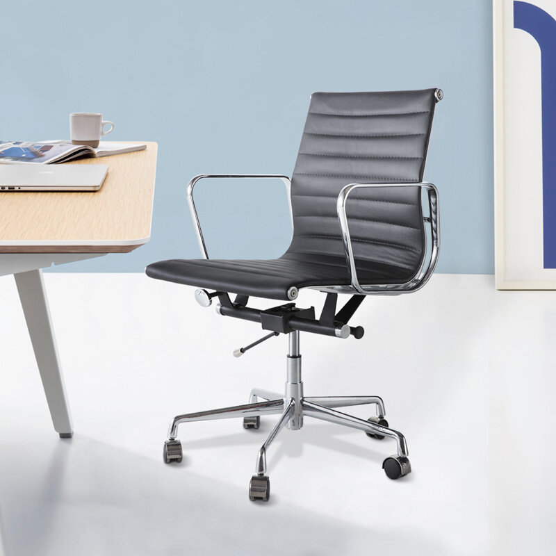 Silla de oficina ergonómica y ajustable, sillón reclinable, mobiliario ligero de cuero PU negro para el hogar