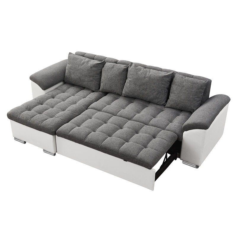 L Shape Corner Cum Sofa Bed Sleep Function 197x123cm 3 Seater Sofas With Storage Container New Linen Fabric + Faux Leather