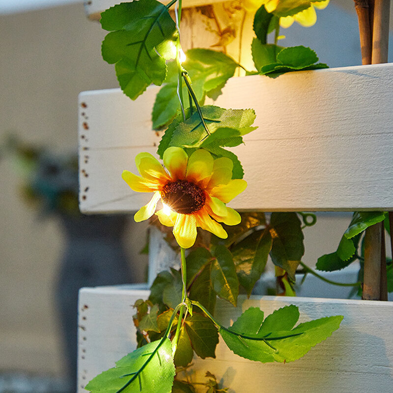 Cordão de luz led com energia solar, para jardim, decoração de natal, planta, lâmpada, folha de bordo, verde, rattan