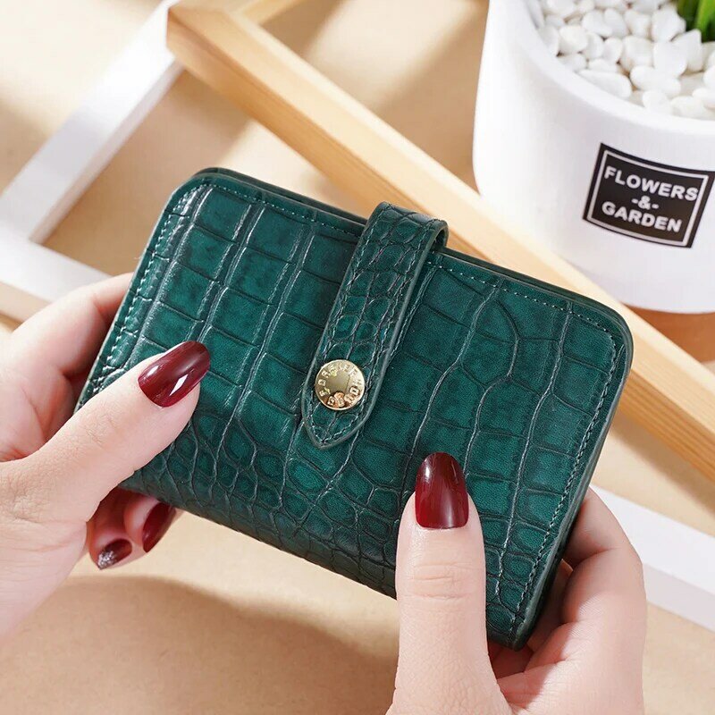 女性のレトロなクロコダイルプリントの財布,2つのクリップ,ファッション,ジッパー,カードホルダー