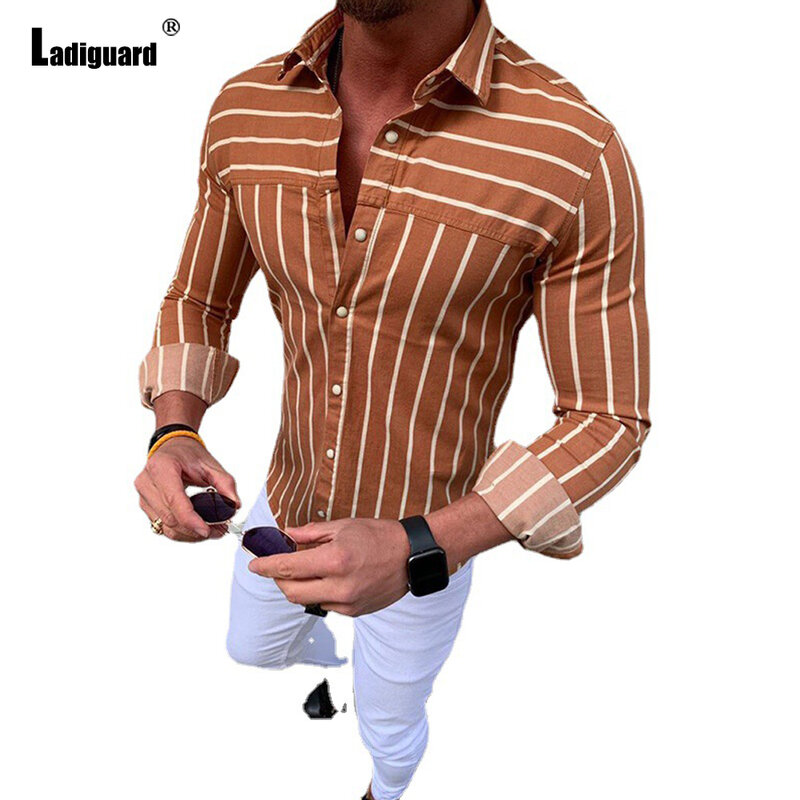 Ladiguard Plus rozmiar 3xl mężczyźni z długim rękawem bluzka mężczyzna Streetwear 2022 lato Casual Sikinny Top Model pasiasta koszula Homme odzież