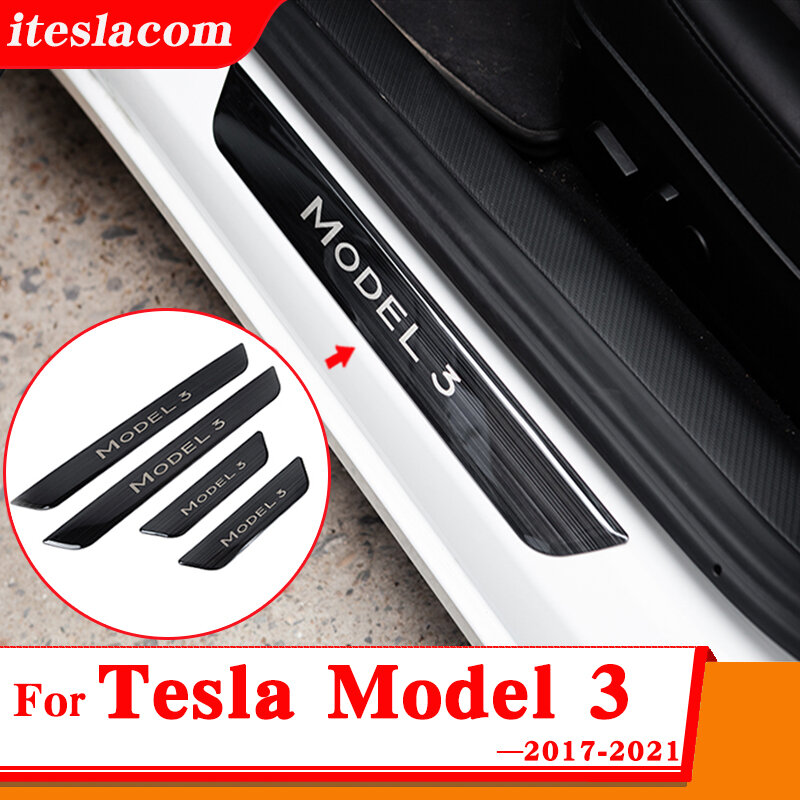 Autocollants de protection de seuil de porte, plaques anti-rayures pour Tesla modèle 3, accessoires de seuil de voiture en acier inoxydable, nouveau modèle 2021