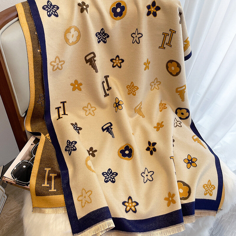 Imite cashmere longo cachecol feminino moda flor xale roubou inverno quente grande cobertor lenço bandana 185*65cm