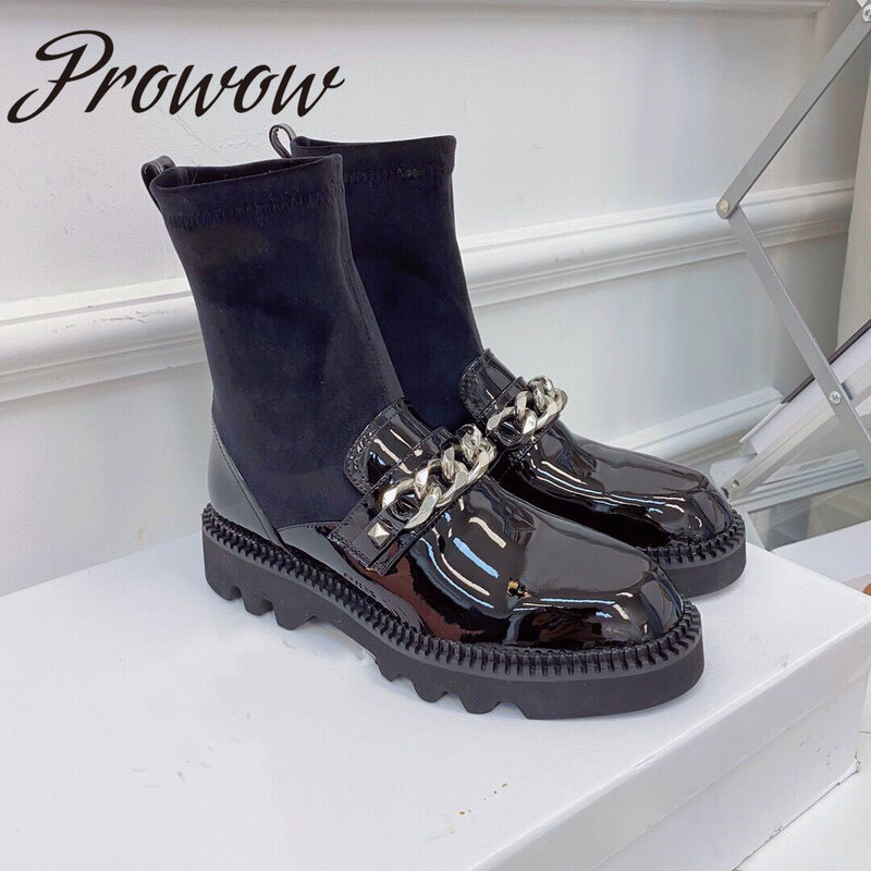 Prowow-botas con cadena de cuero genuino para Mujer, Zapatos cómodos con plataforma, de diseñador, nuevos