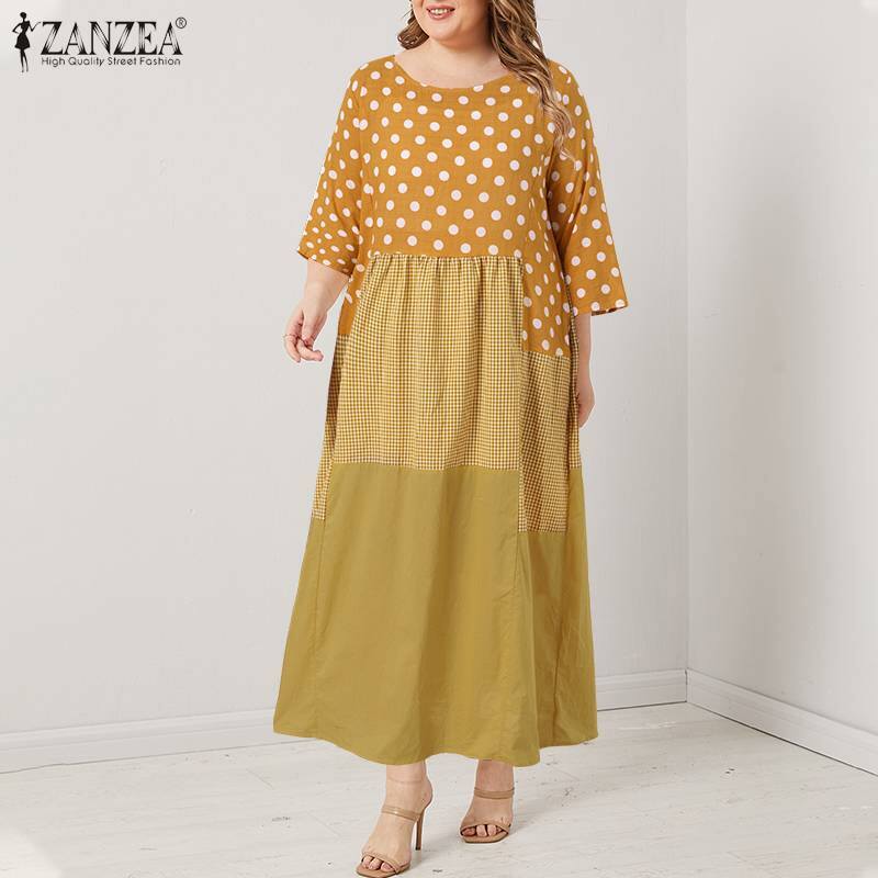 ZANZEA-Vestido largo informal de algodón con lunares para mujer, de talla grande 5XL caftán, Vintage, Otoño, 2022