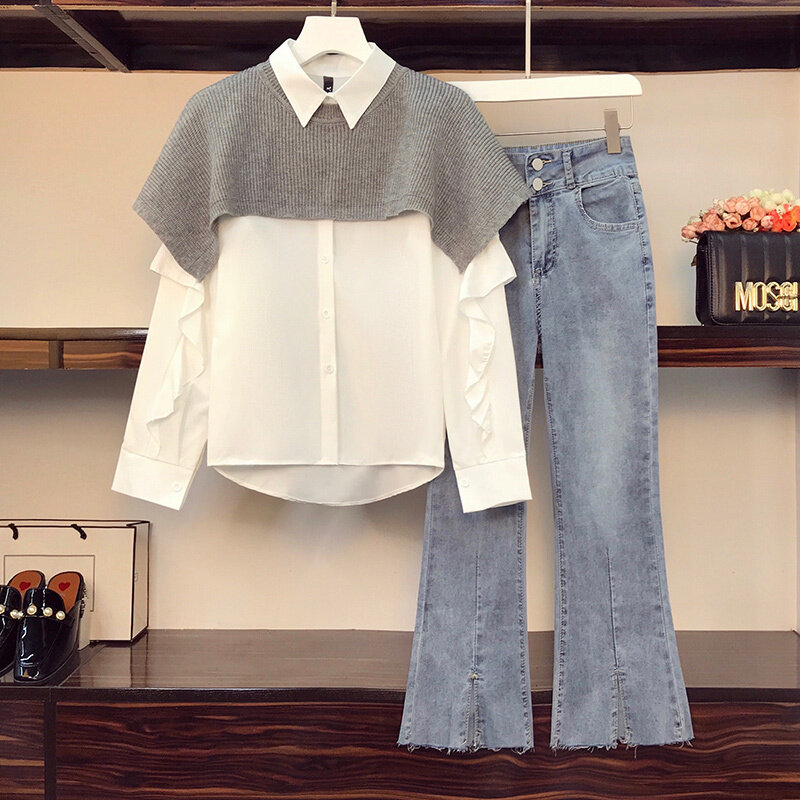 2021 Autumn New Large Size Women's Fashion Shawl All-Matching Shirt Slimming Jeans Three-Piece Set