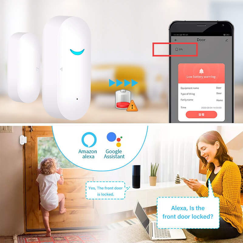 Détecteur intelligent Tuya d'ouverture/fermeture de porte pour alarme, capteur wifi qui fonctionne avec Alexa Google Home