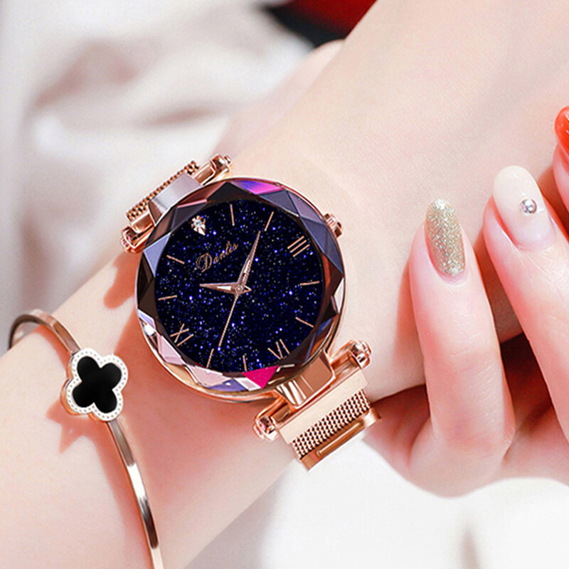 Nova moda elegante relógio de pulso para mulher ímã de quartzo feminino relógio fivela céu estrelado numeral romano senhora relógio de pulso presente dropshipping