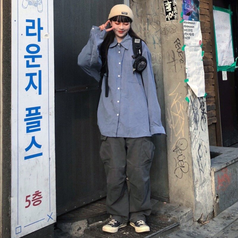 Harajuku-Camiseta holgada informal de manga larga para mujer, blusa Retro azul estilo coreano Harajuku, Top para mujer 2021