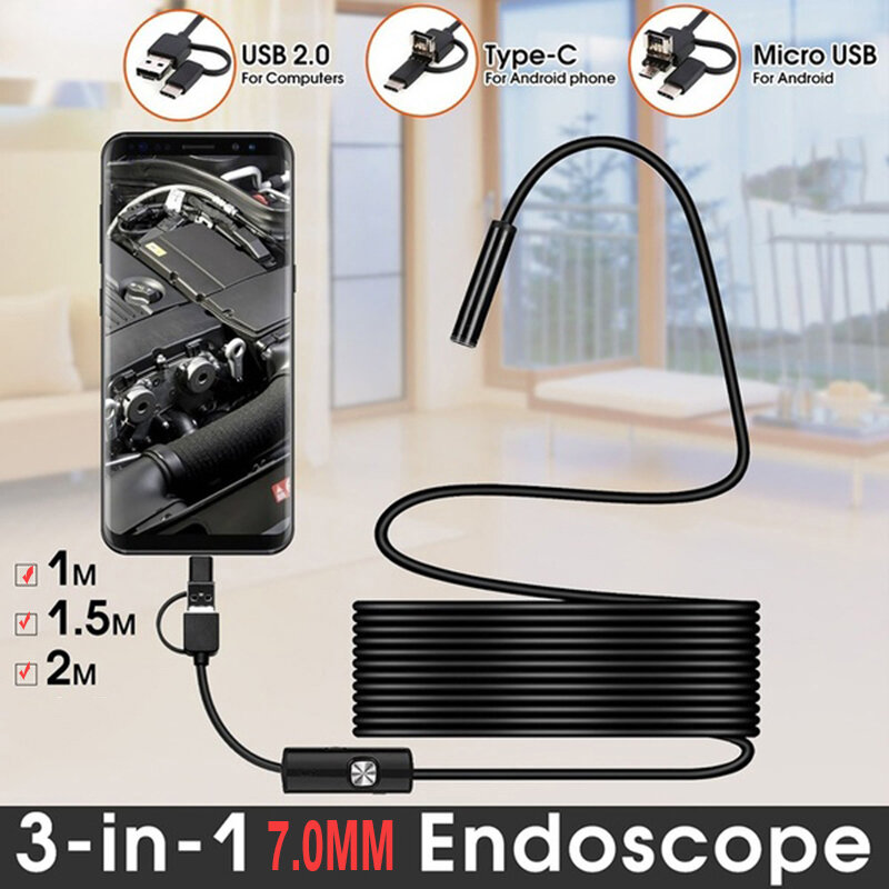 Mini telecamera endoscopio USB 7mm 2m 1m 1.5m cavo rigido flessibile serpente telecamera per ispezione boroscopio per Smartphone Android PC