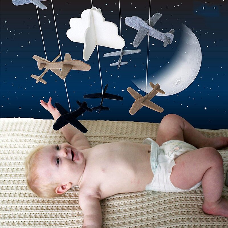 Wieg Mobiele Vliegtuigen & Cloud Nursery Decoratie Grijs En Wit, Marineblauw, Tan Babybedje Mobiele Voor Jongens