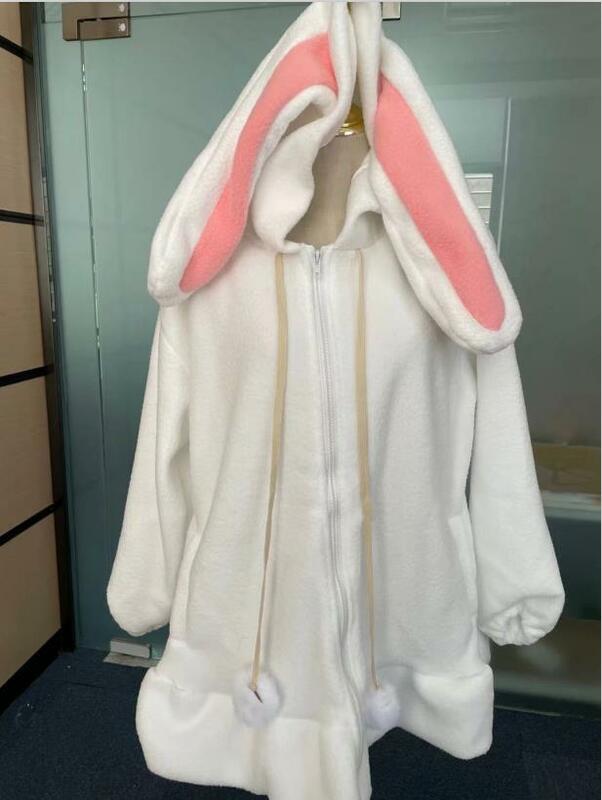 Kawaii orelhas de coelho casacos com capuz japonês coreano menina quente jaqueta feminina outono inverno novo doce macio lambswool babados parkas branco