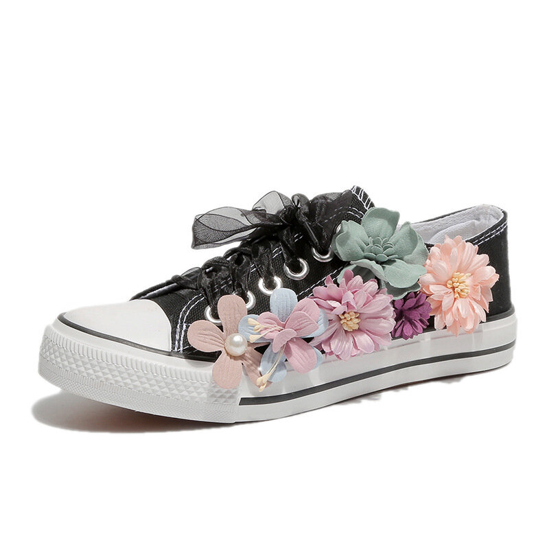 2021 primavera e no outono novos sapatos femininos flores moda casual lona sapatos de salto plano estudante rendas-up sapatos brancos