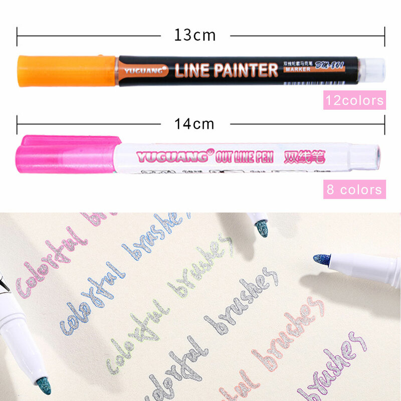 8/12 cores metálico linhas duplas marcadores de arte para patinar para fora linha caneta papelaria arte desenho canetas para scrapbooking ferramenta de desenho