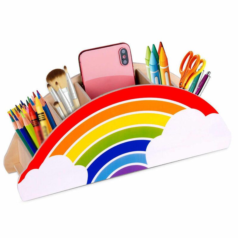 Soporte de madera para bolígrafos, tubo de papelería de oficina, arcoíris, organizador de objetos pequeños, soporte de suministros de oficina creativo