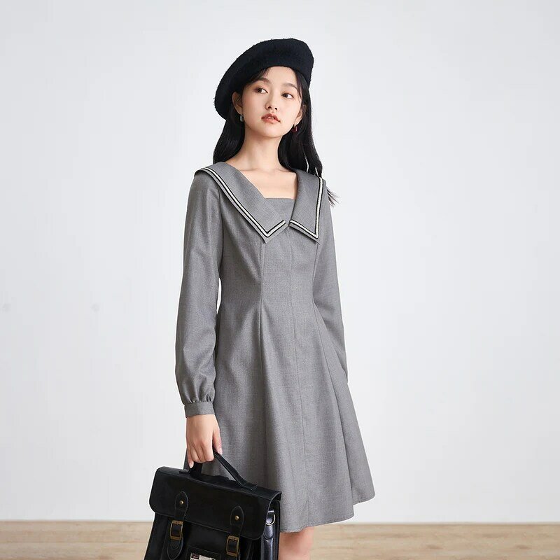 Inman vestido feminino outono inverno minimalista elegante lapela luz cinza manga longa uma peça