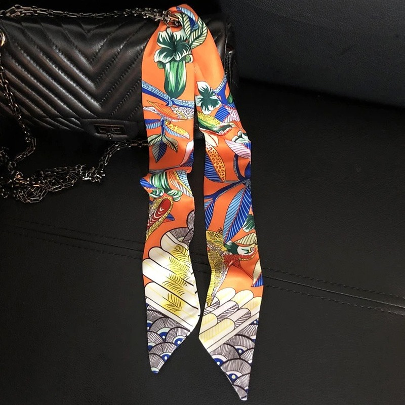 Pañuelo de satén con cinta de seda Floral para mujer, bandana larga y fina con asa para bolso de mano, banda para el pelo para oficina, pañuelo de moda para mujer