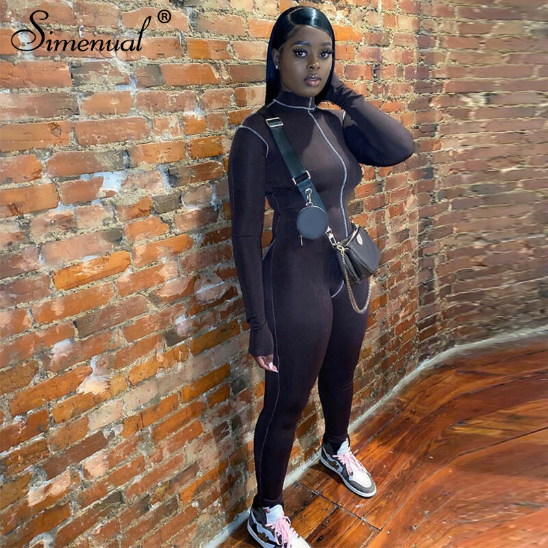 Simenual Striped Casual Sporty Workout Rompers Womens Jumpsuit Skinny Long Sleeve Athleisure Fashion Bodycon Jumpsuits Autumn