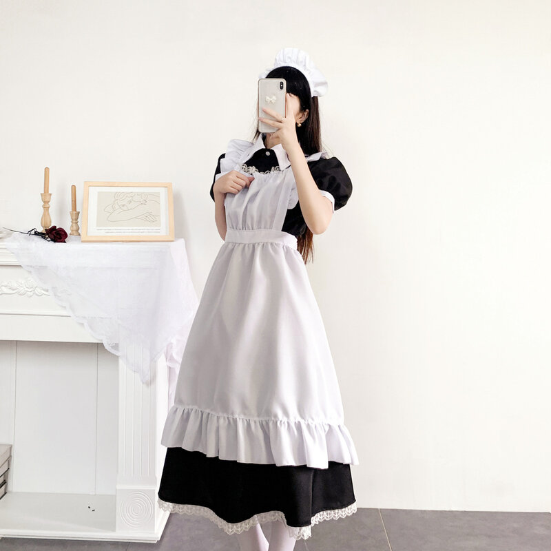 Feminino roupa de empregada doméstica longa cosplay traje lolita vestido com avental bonito anime vestidos rendas café uniforme preto M-5XL