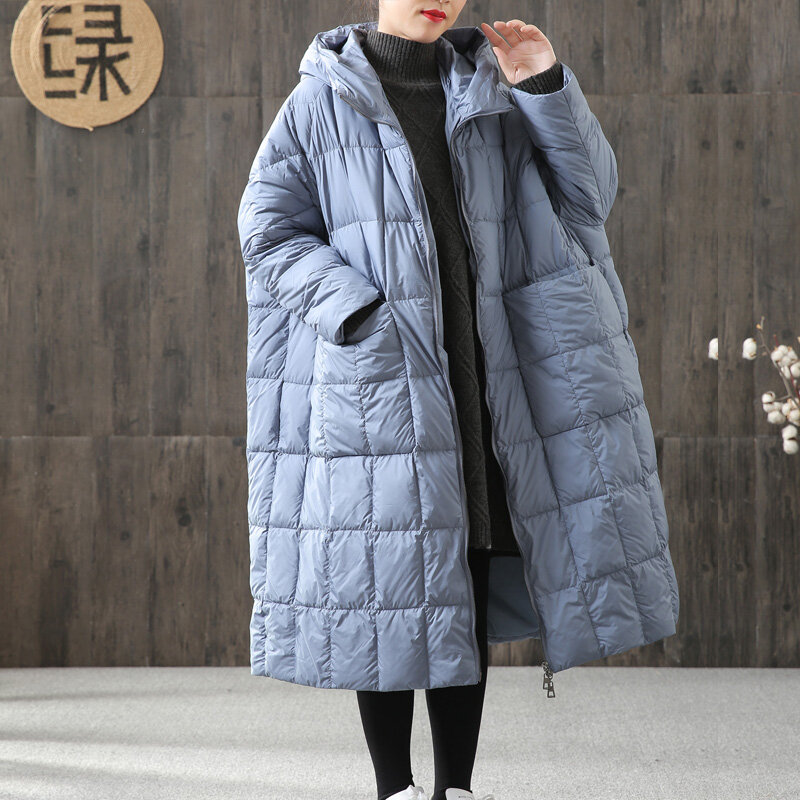 Abrigo largo holgado de plumón de pato para mujer, Parka con capucha y costuras, talla grande, invierno, 90%
