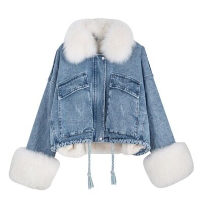 Women's Warm Winter Jacket, Short Denim Top, Detachable Loose Large Fur Collar Denim Pie, Oversized Women's Denim Fur Top
