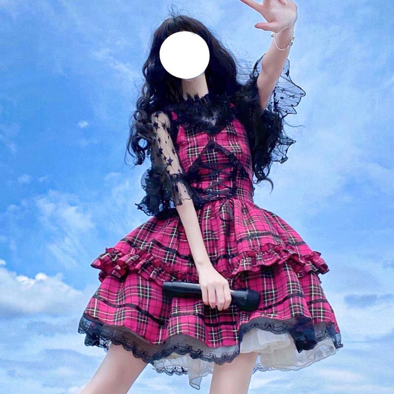 ญี่ปุ่น Gothic Lolita Jsk Harajuku Vintage ลายสก๊อตแขนกุดชุดเจ้าหญิงลูกไม้ผู้หญิง Diablo Kawaii คอสเพลย์ปาร์ตี้ชุด