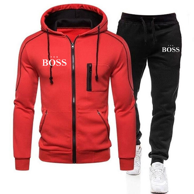 Nowy Yes Boss męskie jesienne zestawy zimowe bluza z kapturem na zamek + spodnie dwa kawałki dres codzienny odzież sportowa marki dresy