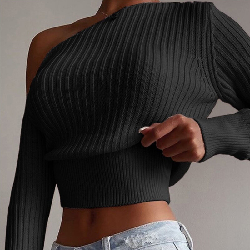 Women Fashion Solid Knitted Sweater 2021 Autumn New Long Sleeve Off Shoulder Design Short Pullovers Casual Sweaters