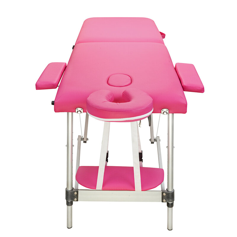 Cama de beleza dobrável em alumínio, 2 seções, 185x60x63cm, dobrável, portátil, mesa de massagem, 60cm de largura, rosa