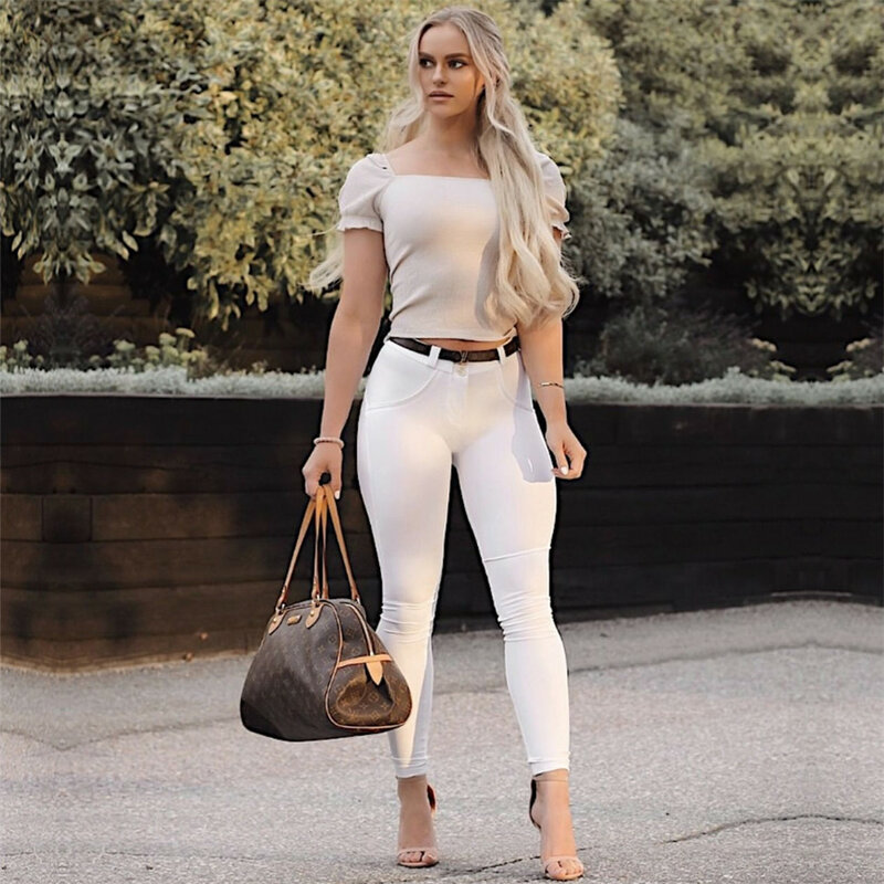 Melody – pantalon taille haute/moyenne pour femme, coupe slim, couleur blanche, livraison directe, fabricant, usine