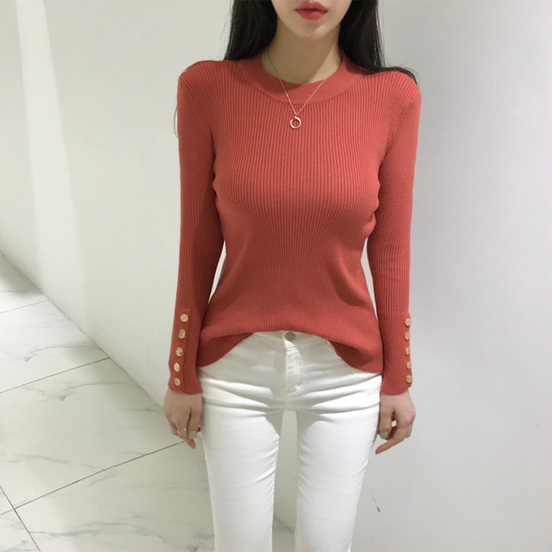Korean Fashion White Base Knit Tops Female Autumn Winter 2021 O-Neck Single Breasted Slim Elegant Pullover Sweater For Women