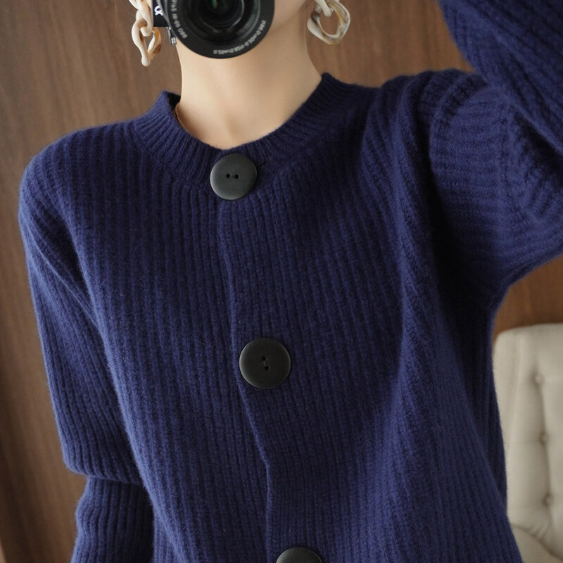 Cárdigan de manga larga con botones grandes para mujer, suéter grueso de punto salvaje, Simple, suelto, Color sólido, Otoño/Invierno, 2021