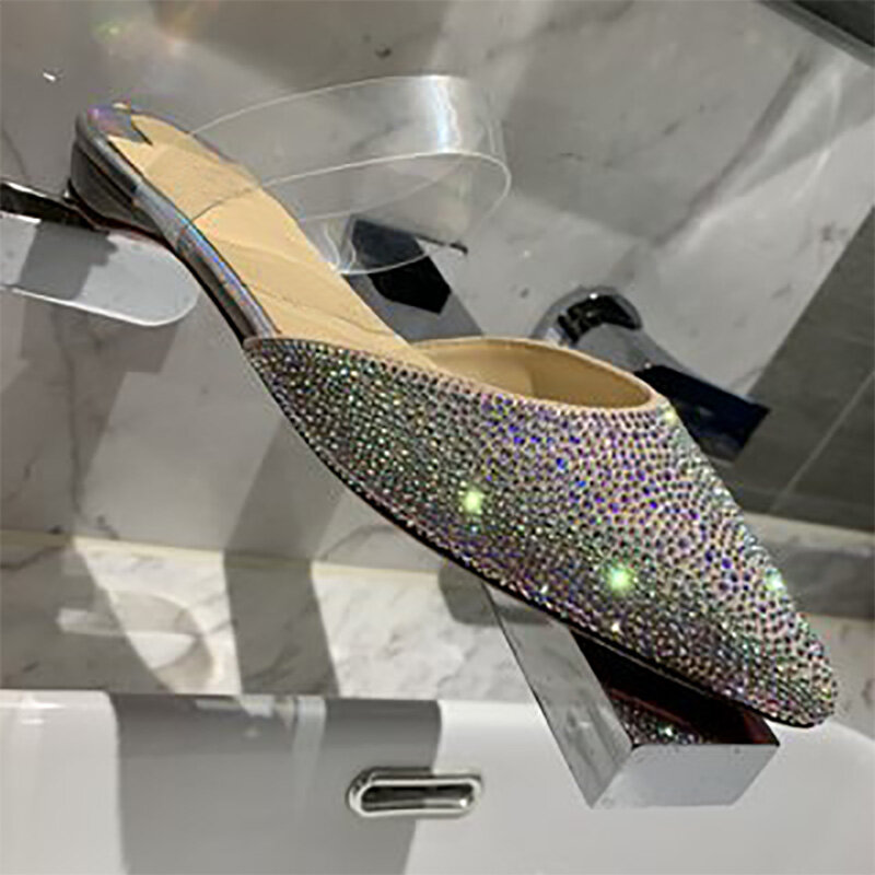 Sepatu Muller Setengah Tarik Berlian Imitasi Penuh Wanita Sandal Fashion Berkilau Berlian Buatan Tangan Kulit Datar Runcing Ukuran 34-42