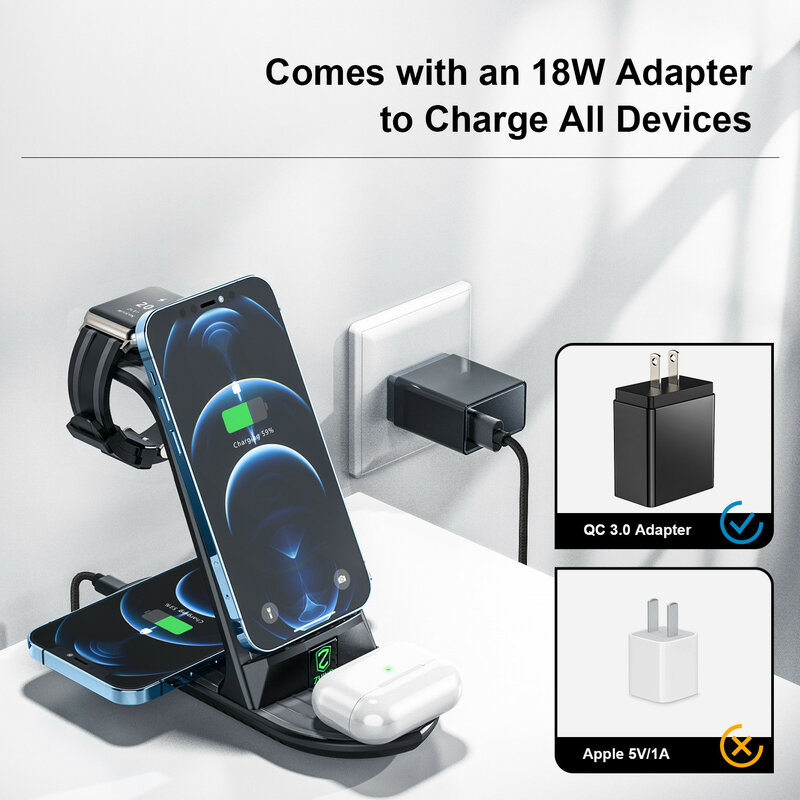Chargeur sans fil, Station de charge rapide 4 en 1 pour Apple Watch série 6/5/4/3, iPhone 12/11 Pro Max/SE/XS/XR/8 Plus/AirPods 2/1