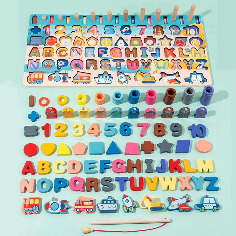 Giocattoli educativi in legno sette in una targa Puzzle per la pesca dei bambini in età prescolare giocattoli per la matematica per l'educazione precoce del bambino