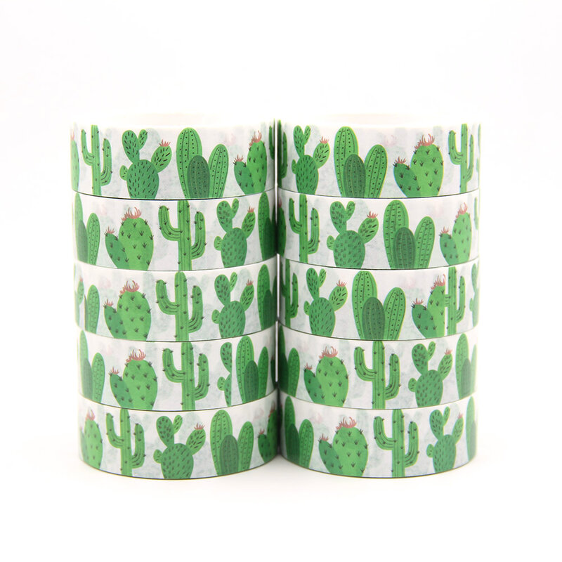 10 Buah/Lot 15MM * 10M Stiker Washi Kaktus Hijau Selotip Perekat Perlengkapan Kantor Alat Tulis DIY Dekoratif Set Selotip Washi Kawaii