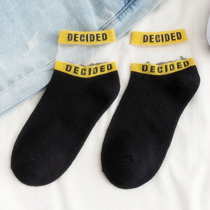 1 par de meias de seda de cristal, meias de letras coreanas estilo universitário femininas, meias de algodão confortáveis, respiráveis e tendência