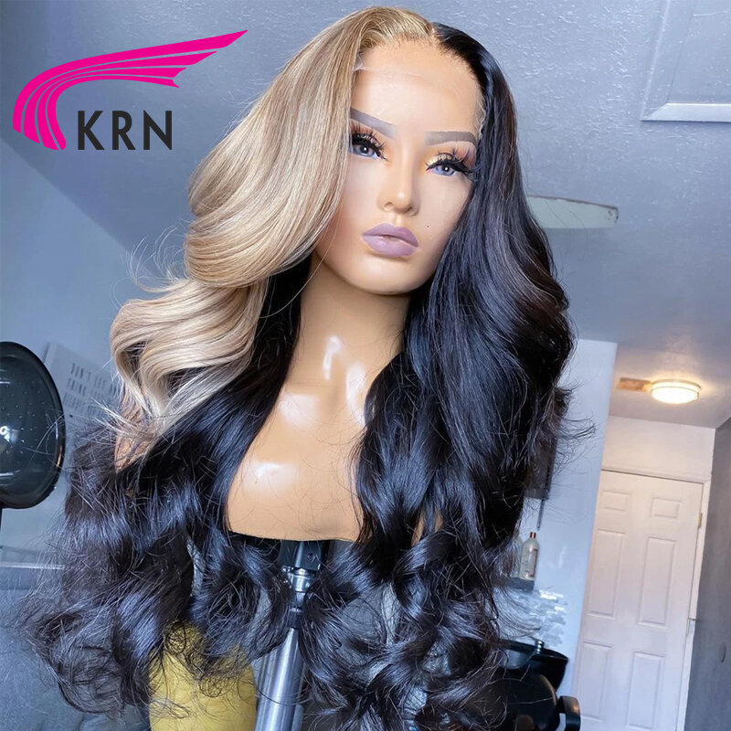KRN-Peluca de cabello humano con encaje Frontal transparente, pelo Remy brasileño, resaltado, rubio miel, ondulado, Color ombré, 13x4, 4x4
