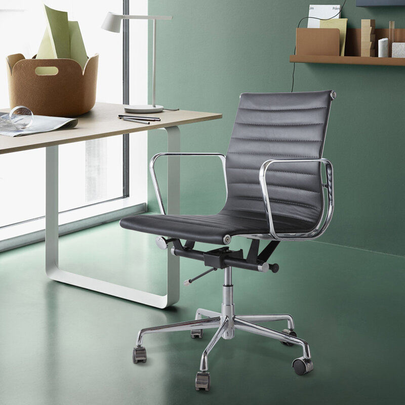 Silla de oficina ergonómica y ajustable, sillón reclinable, mobiliario ligero de cuero PU negro para el hogar