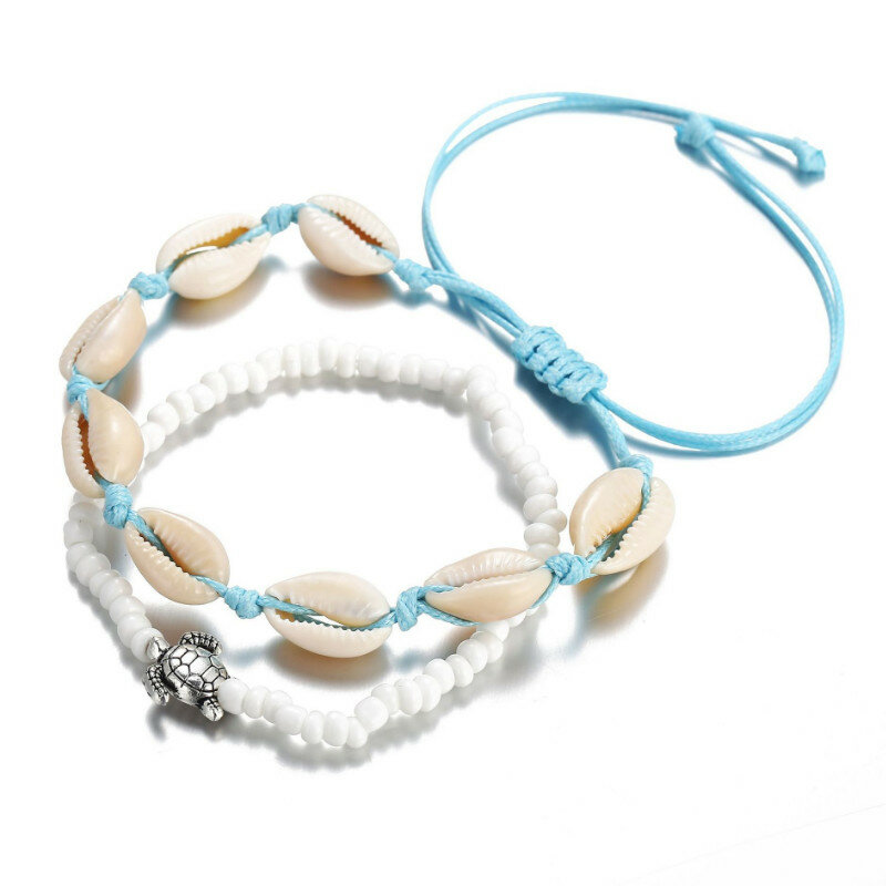 Women Retro Sea Turtle Shell Beads Push-pull 2-piece Set Ankle Bracelets Summer Beach Foot Jewelry Anklets