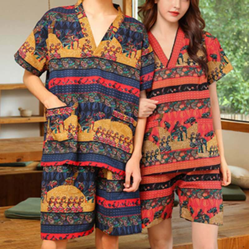2021 sommer Männer Gedruckt Pyjamas Sets Lose Kurzarm V-ausschnitt Tops Freizeit Shorts Baumwolle Nachtwäsche Kimono Unisex Anzüge S-5XL