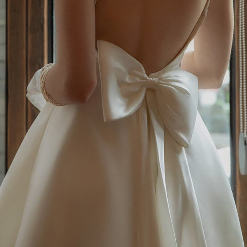 Vestido de noiva estilo vintage retrô, vestido de noiva simples sem costas com laço