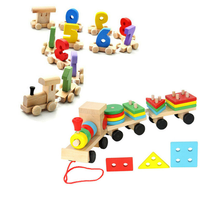 Wooden Toy Drag Train Digital Early Childhood Education Puzzle Geometric Shape Block Construction Car Toys