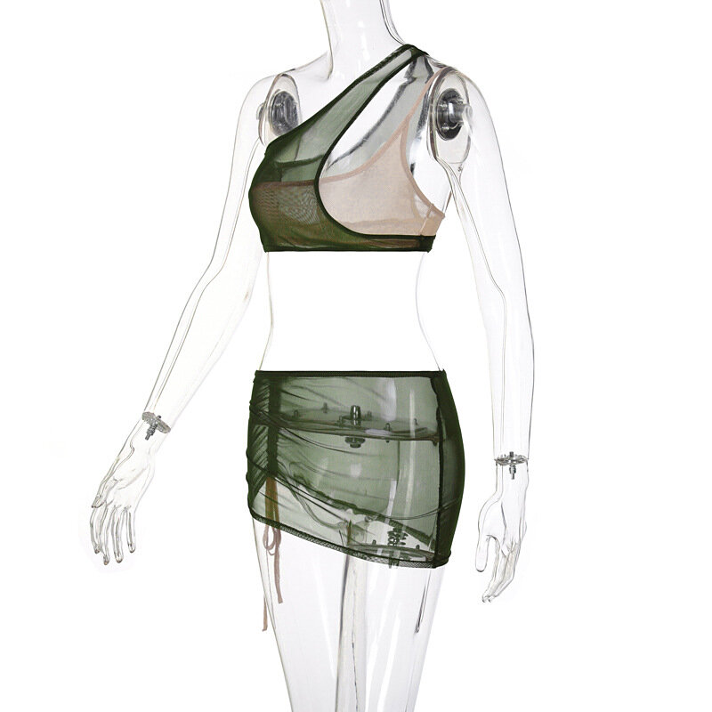 Casual conjuntos de duas peças das mulheres outifits sexy malha transparente mini saia inclinada ombro cor sólida oco para fora roupas elegantes