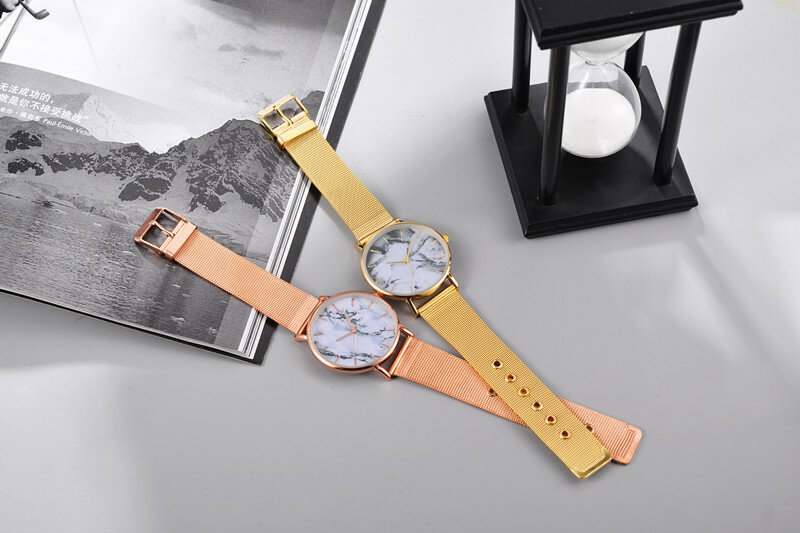 Relógio de pulso feminino de quartzo, relógio de pulso com pulseira de malha de ouro rosê, criativo, de luxo, para presente