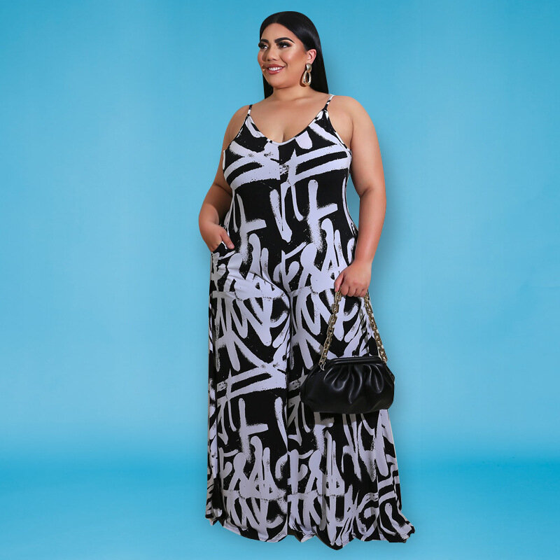 Chocomisty-ladyplus sukienki duże rozmiary Graffiti Print Strappy kombinezon bez pleców A149